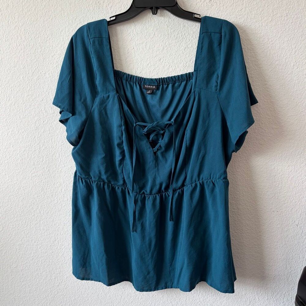 Torrid Deep Teal Lace-Up Square Neck Babydoll Peplum Blouse